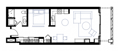 Floor plan for 1 bed, 1 bath, 641 sqft